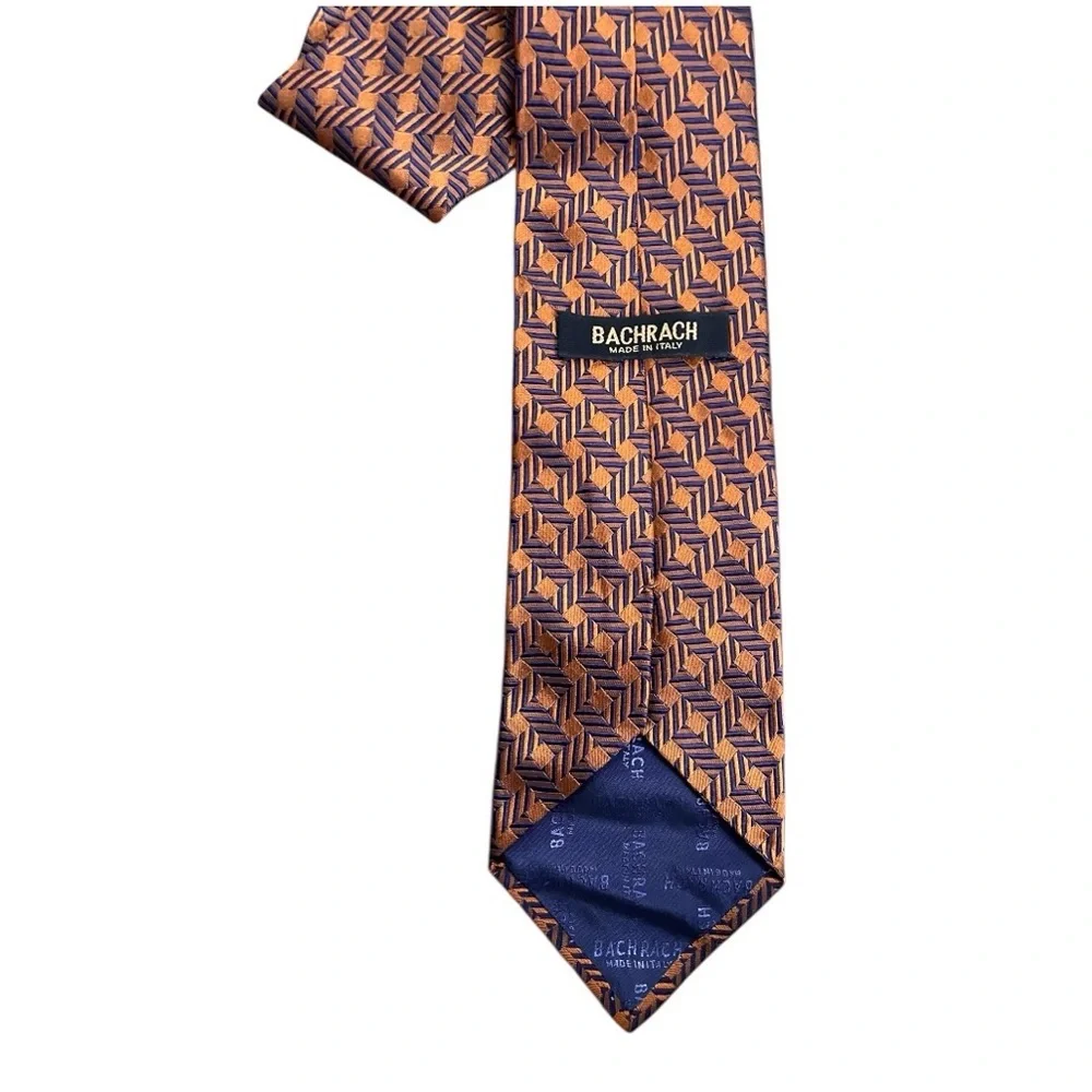 Bachrach Jaquard Orange Blue Geometric Neck Tie 100% Silk Made in Italy designer